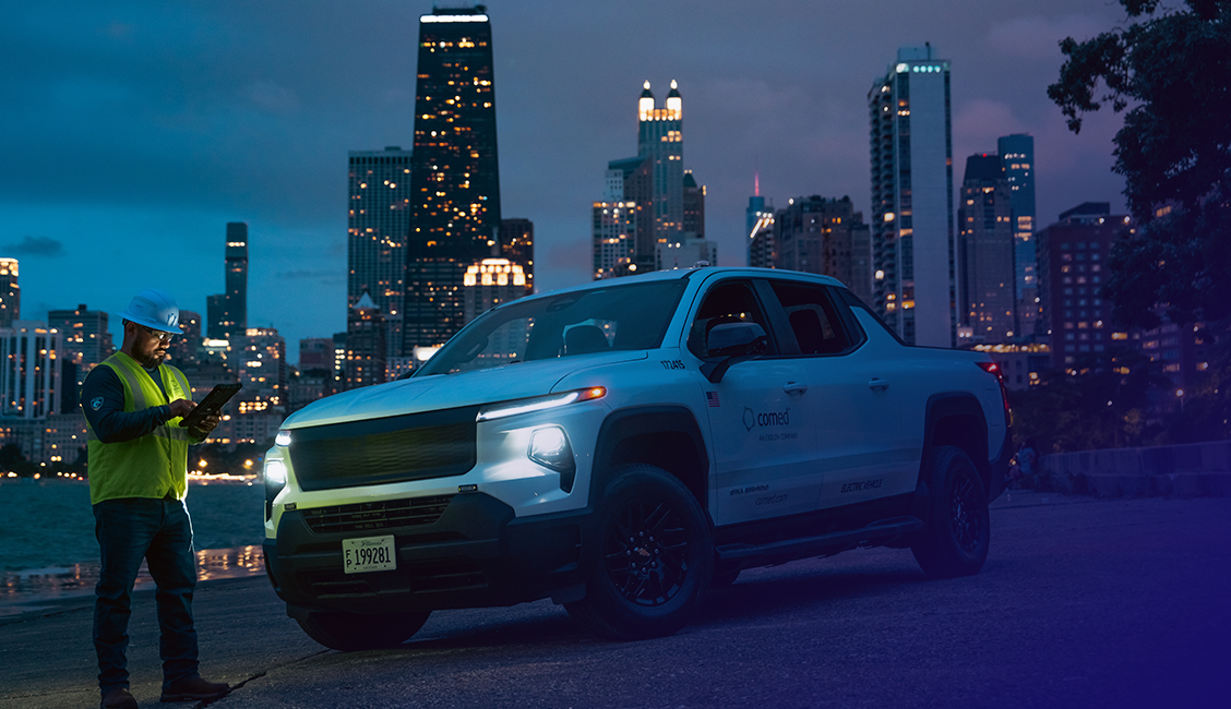 electric vehicle with a skyline