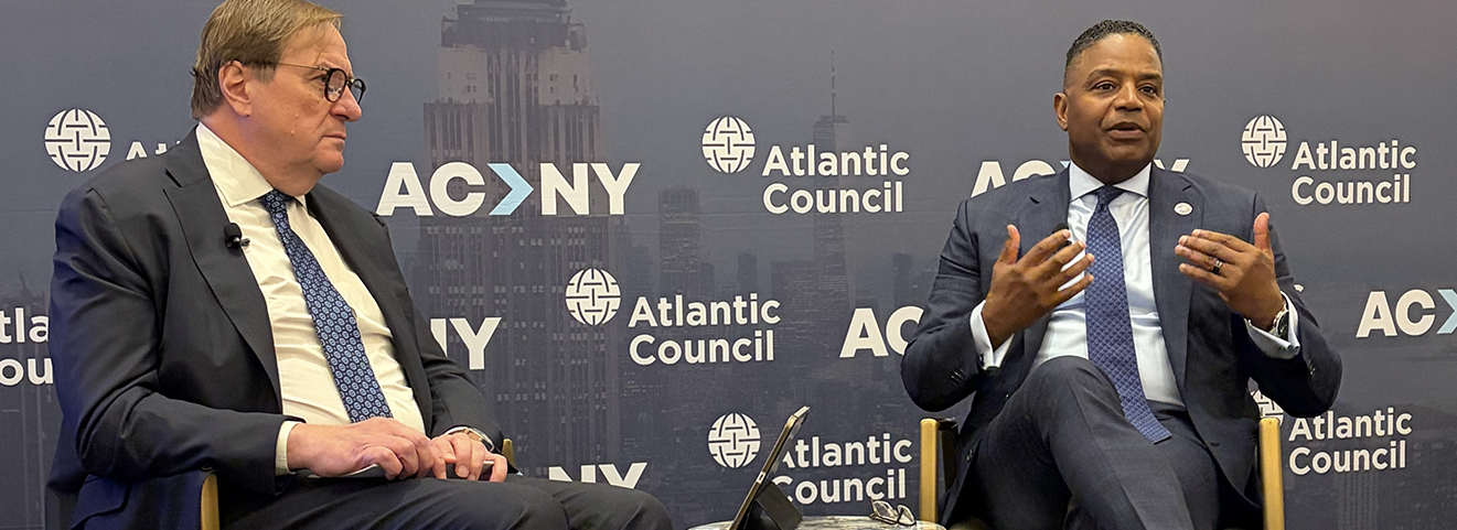 Atlantic Council President Frederick Kempe and Exelon President and CEO Calvin Butler at a fireside chat during Climate Week NYC in September. 